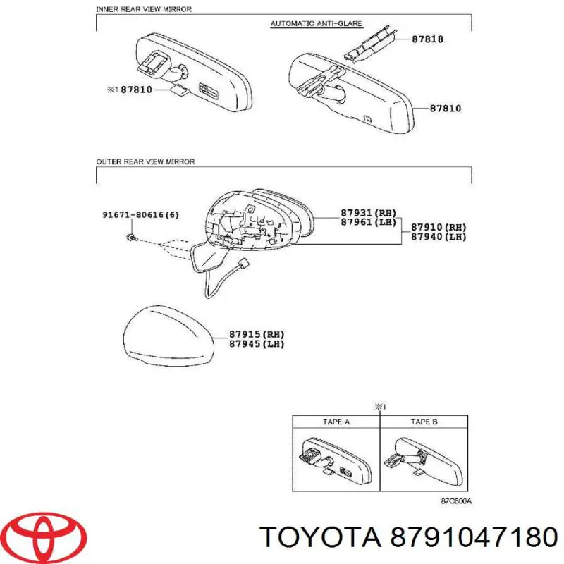 8791047180 Toyota espejo retrovisor derecho