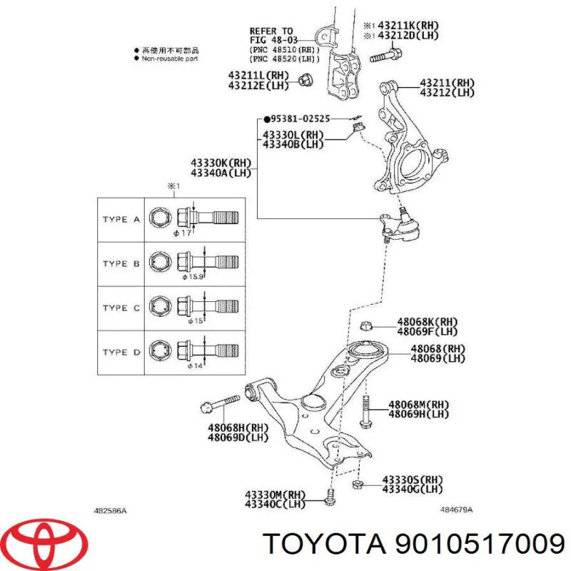 9010517009 Toyota tornillo de montaje, amortiguador delantero