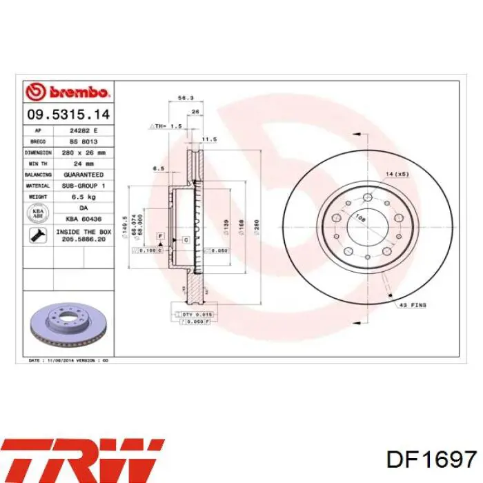 DF1697 TRW freno de disco delantero