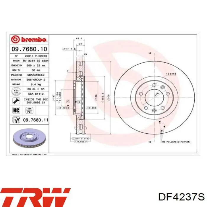 DF4237S TRW freno de disco delantero