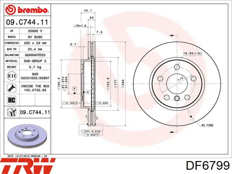 DF6799 TRW freno de disco delantero