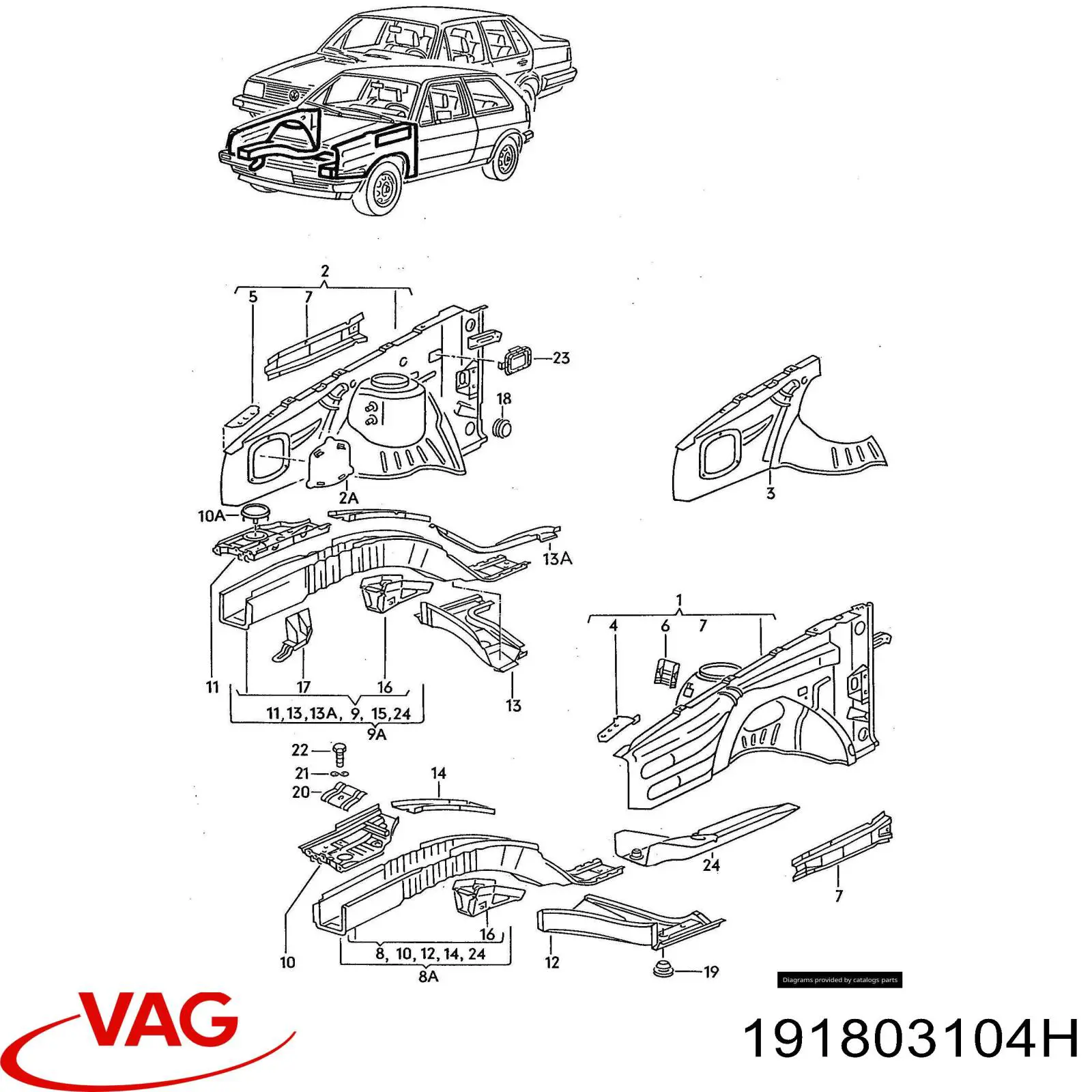  Larguero delantero derecho para Volkswagen Golf 2 