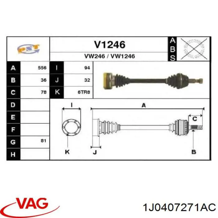 1J0407271AC VAG árbol de transmisión delantero izquierdo