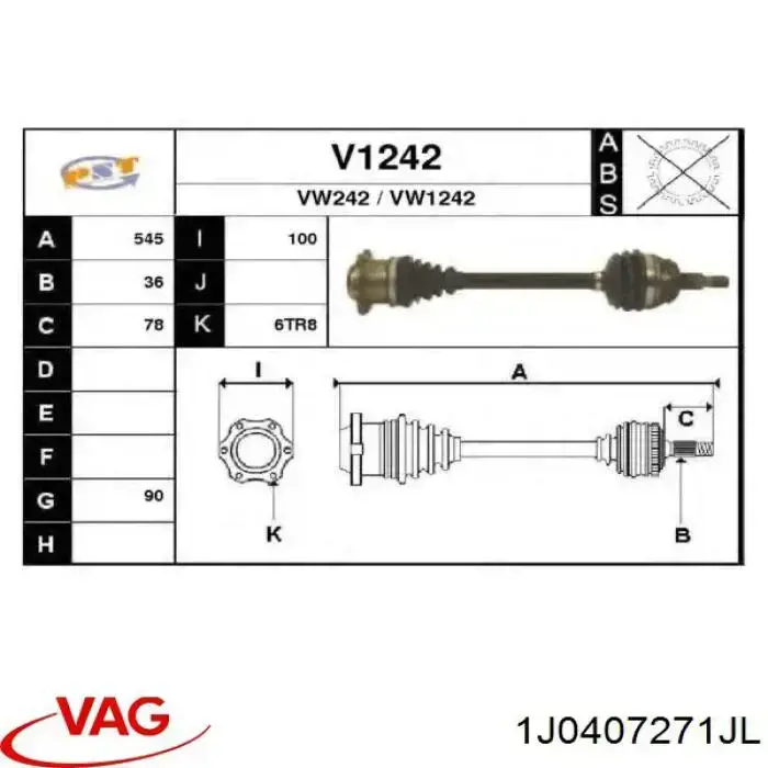 1J0407451TV VAG árbol de transmisión delantero izquierdo