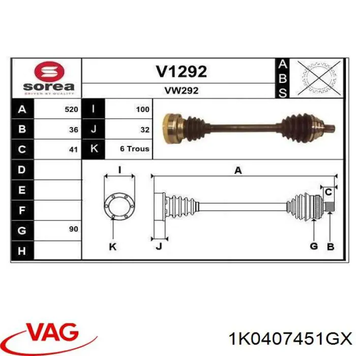 1K0407451GX VAG árbol de transmisión delantero izquierdo