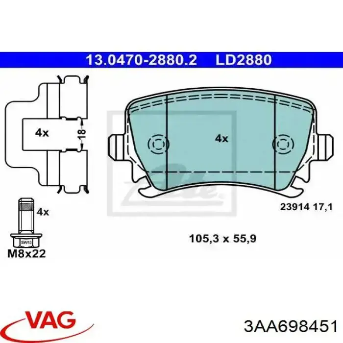 3AA698451 VAG pastillas de freno traseras