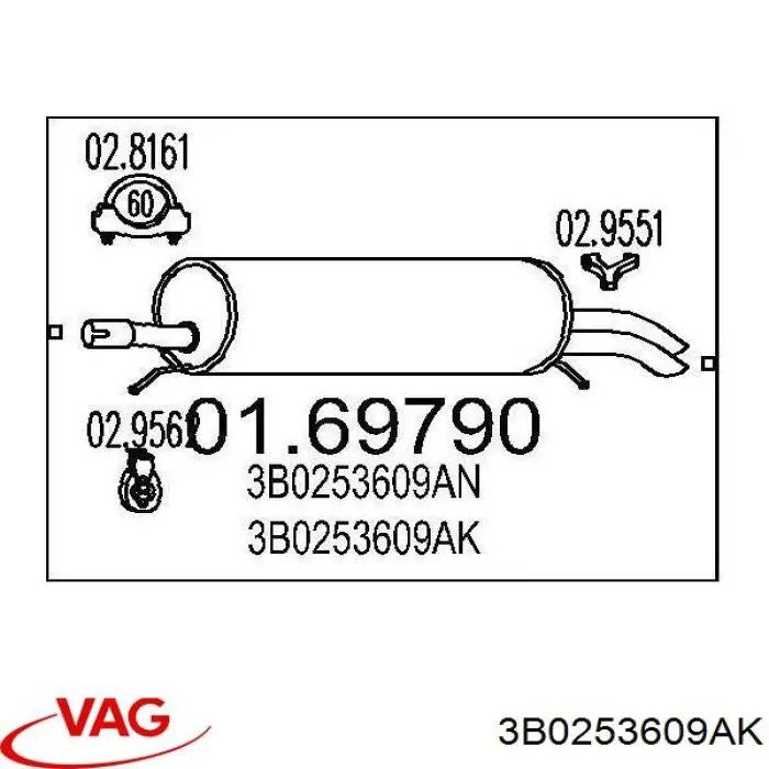 3B0253609AK VAG silenciador posterior