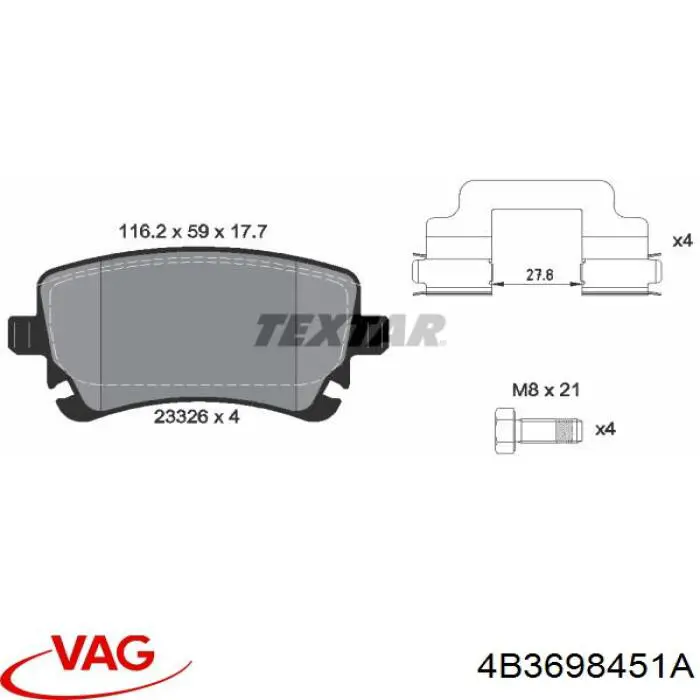 4B3698451A VAG pastillas de freno traseras