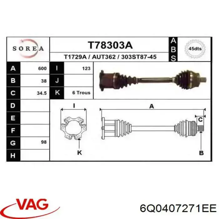 6Q0407271EE VAG árbol de transmisión delantero izquierdo