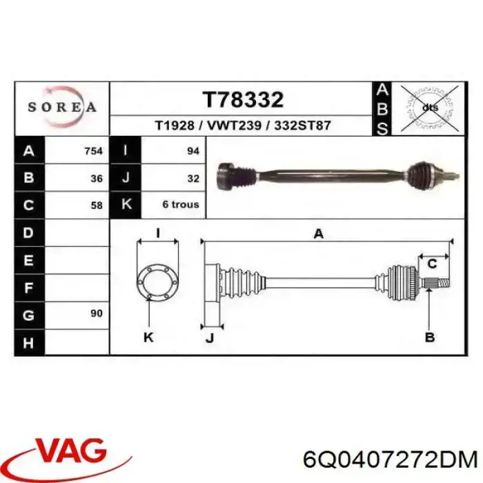 6Q0407272DM VAG árbol de transmisión delantero derecho