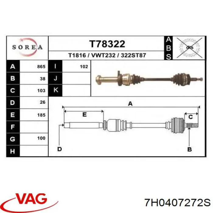 7H0407272S VAG árbol de transmisión delantero derecho