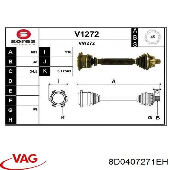 8D0407271EH VAG árbol de transmisión delantero izquierdo