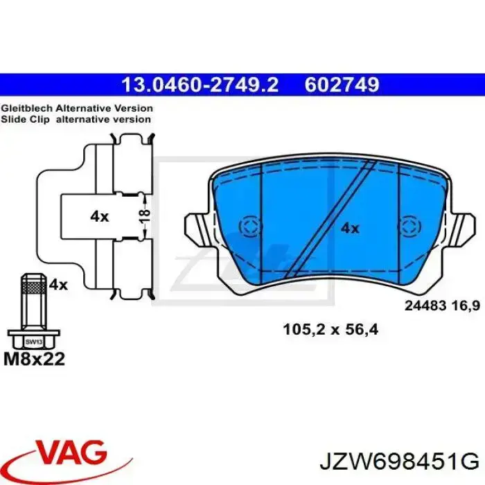 JZW698451G VAG pastillas de freno traseras