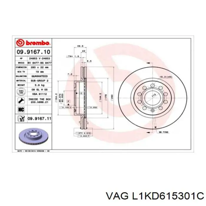 L1KD615301C VAG freno de disco delantero