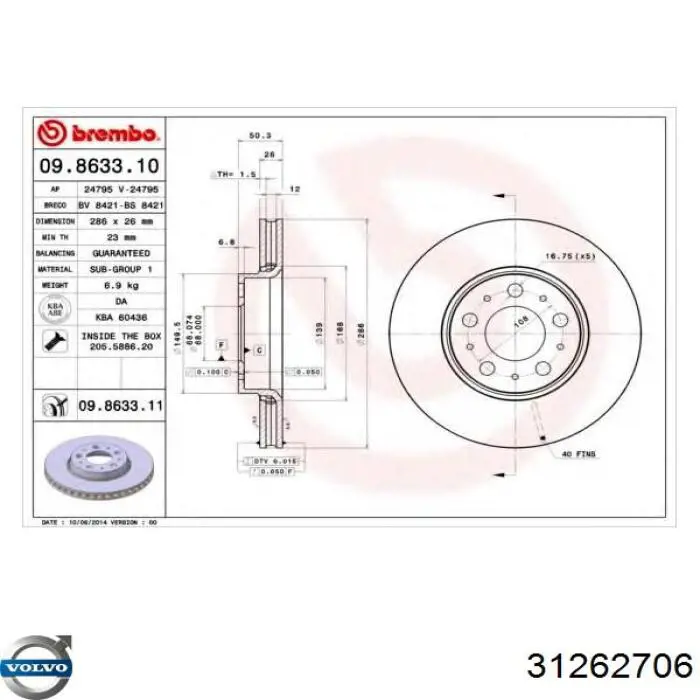 31262706 Volvo freno de disco delantero