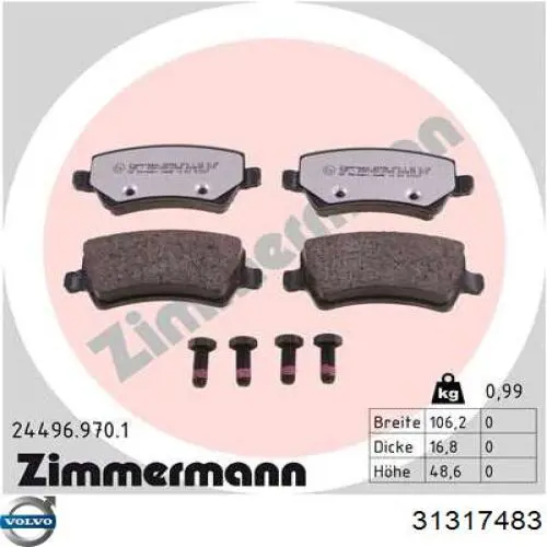 31317483 Volvo pastillas de freno traseras