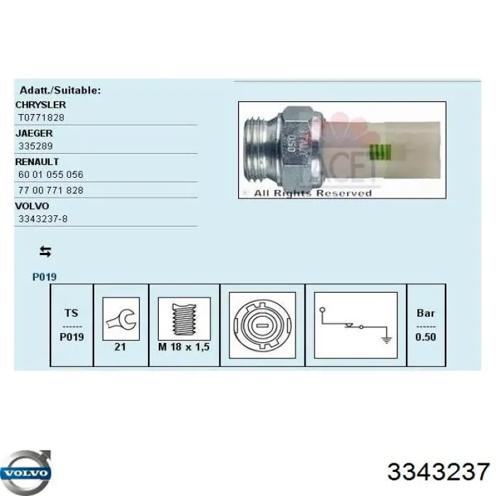 3343237 Volvo indicador, presión del aceite