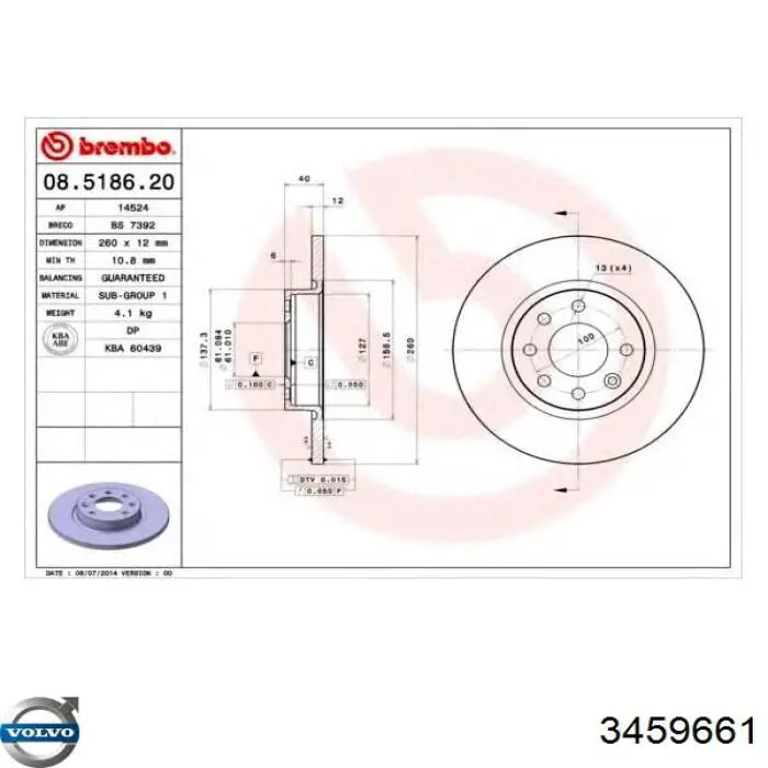 3459661 Volvo freno de disco delantero