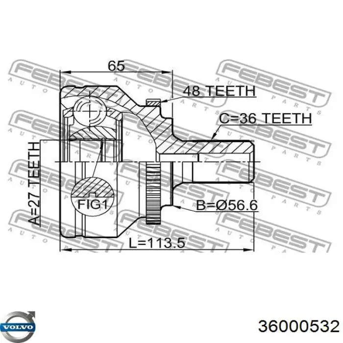 36000532 Volvo árbol de transmisión delantero derecho