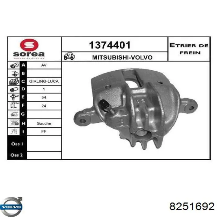  Pinza de freno delantera izquierda para Volvo V40 VW