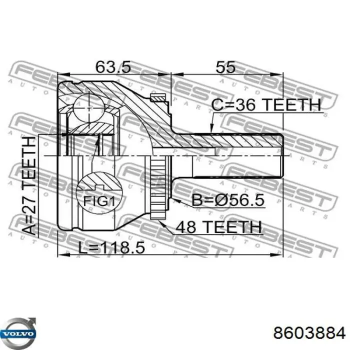 8603884 Volvo árbol de transmisión delantero derecho