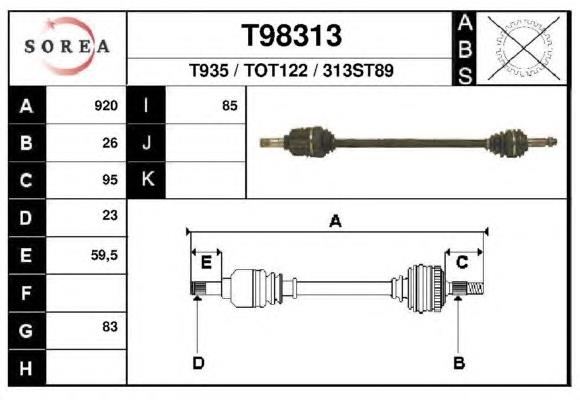 Árbol de transmisión delantero derecho T98313 EAI