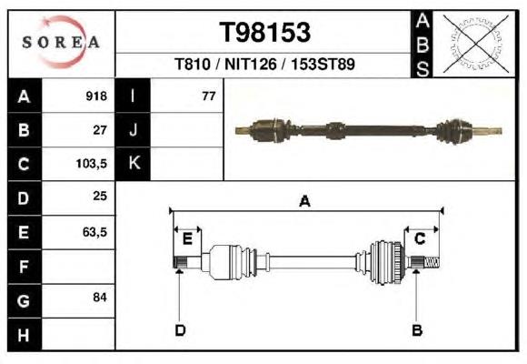 Árbol de transmisión delantero derecho T98153 EAI