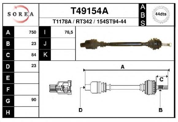 T49154A EAI árbol de transmisión delantero derecho